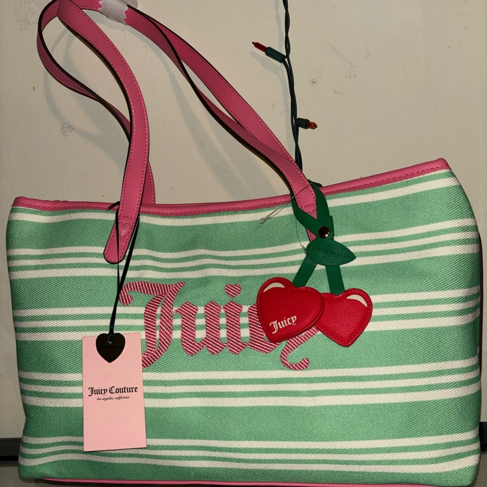 Juicy Couture Mint & Pink Stripe Tote with Cherry Charm